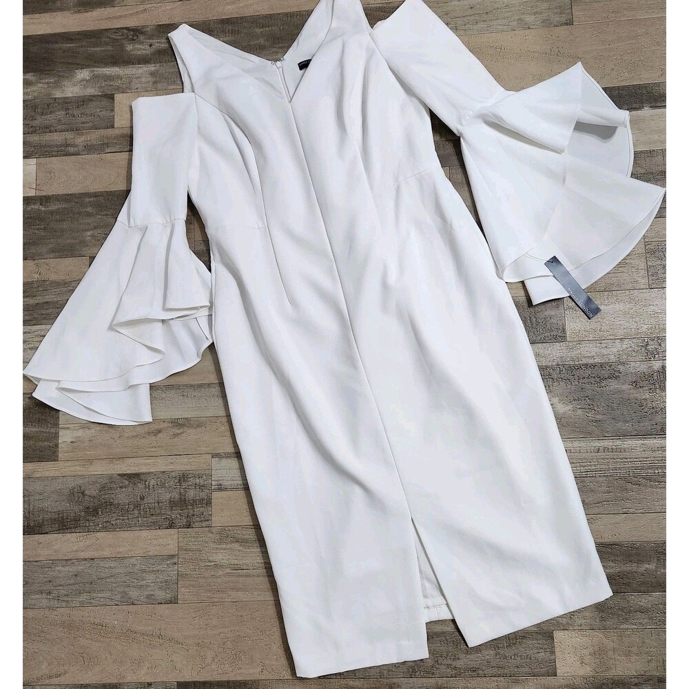 Maggy London Cold Shoulder  12 Ivory White Ruffle Bell Sleeve Sheath Midi Bridal